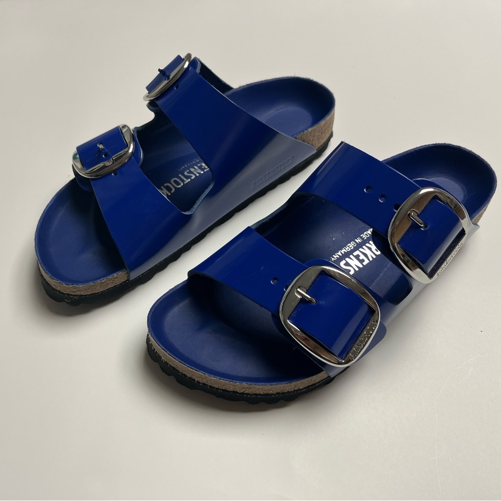 Birkenstock Blue Flats with Silver Buckles